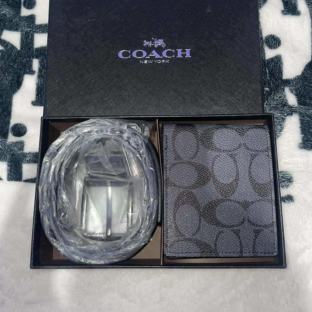 Coach Black and Gray Wallet and Belt Set